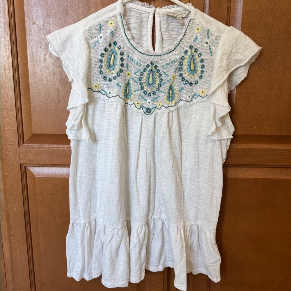 Lucky Brand White Embroidered Ruffle Blouse Small
